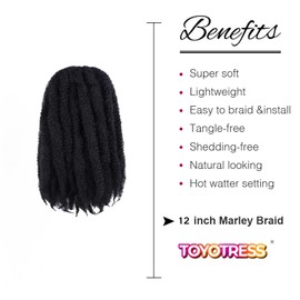 ToyoTress Marley Hair Crochet Braids - 12 Inch 6 Packs 1B Natural Black, Afro Kinky Curly Marley Twist Crochet Hair Synthetic Braiding Hair Extensions(12 Inch,1B-6P)