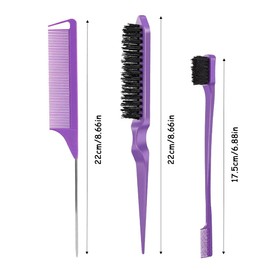 3 Pcs Hair Styling Comb Set, Teasing Hair Brush Rat Tail Comb Edge Brush, Boar Bristle Hair Brush Bristle Brush Grooming Comb for Women Girls（Purple）