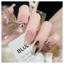 Crymystal Square Press on Nails Pink Gradient French Medium Full Cover Fake Nails Sequins Design Artificial Acrylic Leopard Print False Nails for Women DIY Autumn And Winter Nail Decorations 24PCS