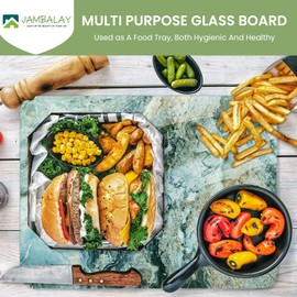 JAMBALAY Tempered Glass Cutting Board for Kitchen, 16"x12" Glass Cutting Board, Chopping Board with Rubber Non Slip Feet, Heat Resistant, Shatter Resistant, Dishwasher Safe, Blue Brown