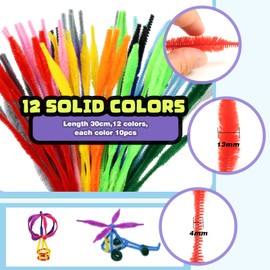 TOAOB 120pcs Fuzzy Bumpy Pipe Cleaners 12 Assorted Colors Chenille Stems Craft Supplies 13mm x 12 inch Pipe Cleaners for DIY Art Crafts Decorations
