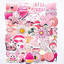 Cute Preppy Pink Stickers,50Pcs Waterproof Vinyl Aesthetic Girly Stickers for Water Bottles Laptop Scrapbooking Phone