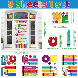 Yiaoyinnz 9 Sheet Welcome Window Door Clings Back to School Door Stickers Classroom Colorful Crayon Glass Decals for First Day of School Party Preschool Kindergarten Elementary Wall Blackboard Decor