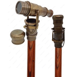 5MOONSUN5's Vintage Brass Handle Victorian Telescope Head Foldable Steampunk Accessories Wooden Walking Stick Cane for Men and Women (Antique Finish)
