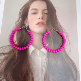 Dainty Wood Beaded Hot Pink Bohemian Large Big Hoop Earrings for Women Boho Huggie Hoops Hypoallergenic Minimalist 2" Round Circle Hooped Fashion Trendy Jewelry Gifts Bff Birthday 50mm