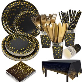 129 PCS Black and Gold Party Supplies Dinnerware Set - Black/Gold Plate 7"/9",Black Paper Plates Napkins Cups, Gold Forks Knives for Graduation, Birthday, Christmas, New Year,Cocktail Partys