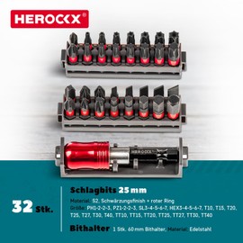 HEROCKX 33-Piece Impact Screwdriver Bit Set for Screwdriving Phillips, Pozi, Slotted, Hex, Torx and Security Torx with Quick Change Bit Holder