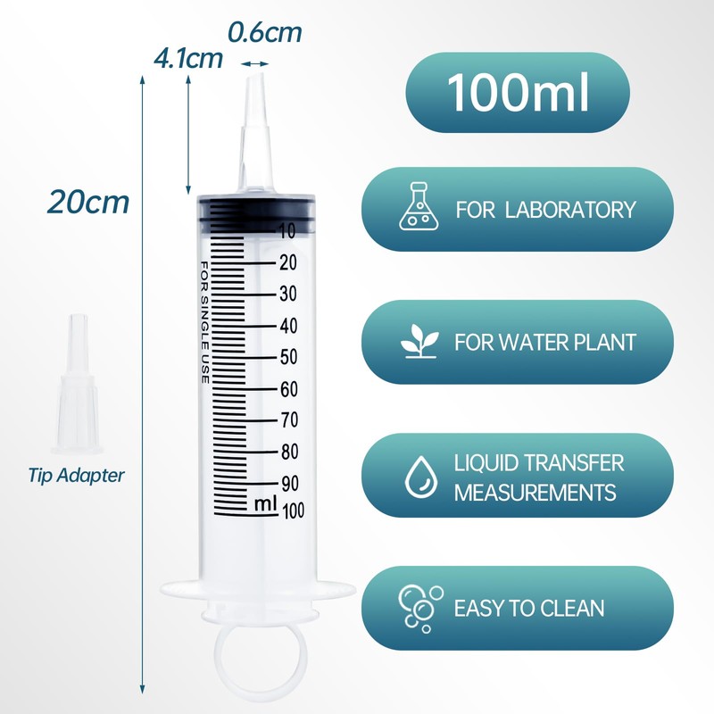 8 Pack 100ml Plastic Syringe for Scientific Labs, Dispensing, Measuring,