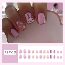 Easter Bunny Press On Nails - Short, Square, Pink False Nails with Bunny Heart Designs, Coffin Tip, Full Cover, Glue On, Stick On, for Women & Girls