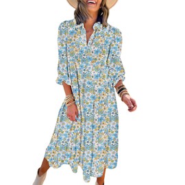 Dokotoo Midi Dresses for Women 2025 Fashion Casual Puff Sleeve Long Dresses Smocked V Neck Bohemian Floral Sundresses A Line Ruffle Flowy Holiday Dresses for Beach Vacation Clothes Large Blue