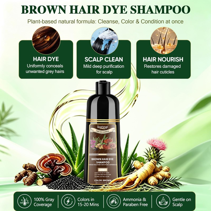 LASRWUP Brown Hair Dye Shampoo for 100% Gray Hair Coverage