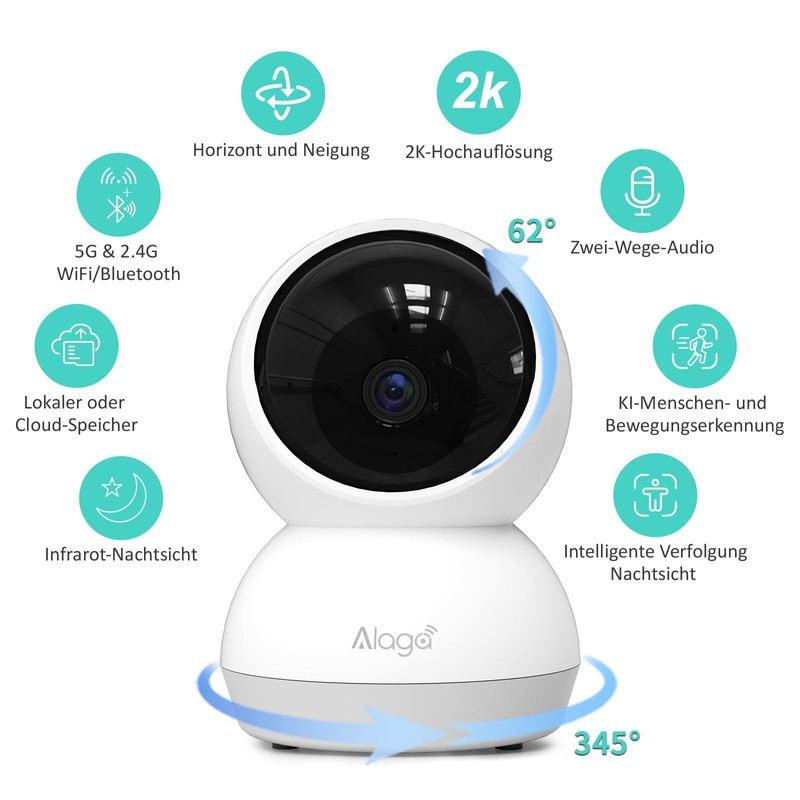Alaga Security Indoor Cam 3K Indoor Surveillance Camera, WiFi, Swivelling,