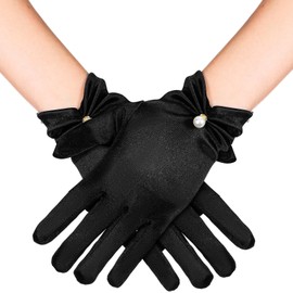 Heclia Black Satin Gloves Short Wrist Length Glove with Pearls Women’s Gown Accessories for Evening Dress Opera Wedding Costume Bridal Banquet Tea Party 1920s Flapper