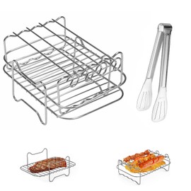Grid for Hot Air Fryer, Cooking Grate and Steaming Rack, Hot Air Fryer Cooking Grate, Two Layers with 4 Grill Sticks, 1 Food Clips, for Cooking, Steaming, Baking, for Hot Air Fryers
