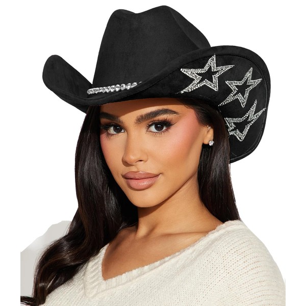 HilyBony Classic Western-Cowboy-Hat Shiny-Rhinestone-Star Cowgirl Felt Hat for Party Costumes