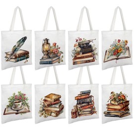 ElasignShopo 8 Pcs Book Canvas Tote Bags Book Club Gifts Book Lovers Totes Bags Bulk Aesthetic Reusable Grocery Bags for Women Bookish Lovers Librarian Readers Gifts Travel Shopping (Vintage Books)