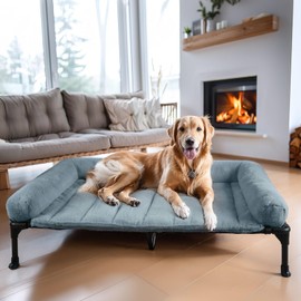 Veehoo Cooling Elevated Dog Bed + Removable Fluffy Plush Pillow Cushion, Raised Dog Bed with Washable Bolster Mat, Breathable Teslin Mesh, No-Slip Feet, 49" x 33" Dog Couch Bed, Haze Blue, CWC2331E