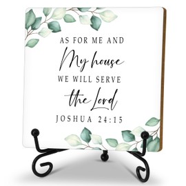 Inspirational Desk Decor Sign, Bible Verse Wooden Sign With Stand, As For And My House We Will Serve The Lord Sign For Home Office Shelf Table, Christian Gifts For Family Friend Coworker, B04