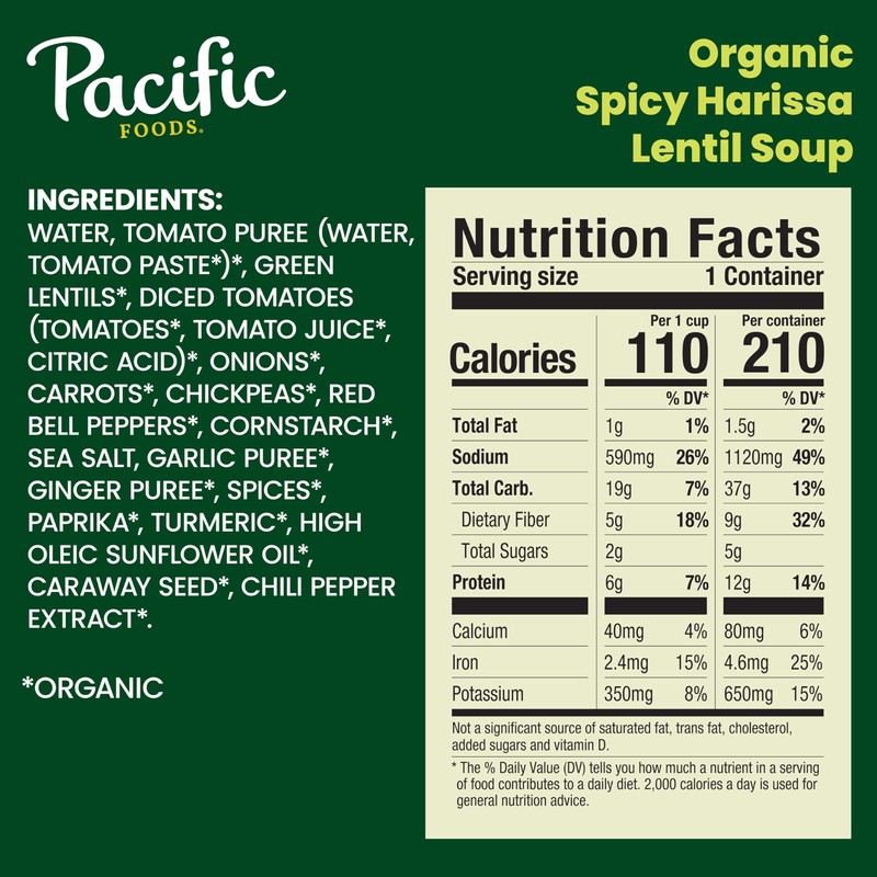 Pacific Foods Organic Spicy Harissa Lentil Soup, Plant Based, 16.3