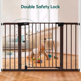 BABELIO 29-48" Baby Gate with Black Wood Pattern, Auto Close Dog Gate for The House、Stairs and Doorways, Pressure Mounted Pet Gate with Door, with Y Spindle Rods
