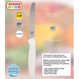 The Kosher Cook White Kitchen Knife – 4.5” Steak and Vegetable Knife - Razor Sharp Curved Tip, Straight Edge - Color Coded Kitchen Tools
