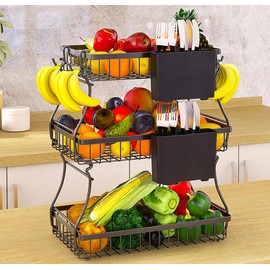 3 Tier Fruit Bowls Basket with 4 Banana Hanger Hooks, Countertop Fruit Vegetable Bread Basket with 2 Large Storage Holder for Kitchen