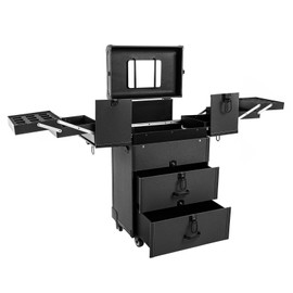 Cosmetic Cases Rolling Makeup Train Case Portable Cosmetic Organizer Travel Trolley Lockable Cosmetic Case Storage Cart With 4Universal Wheels For Makeup Artist Hairdresser Nail Technician (Black)