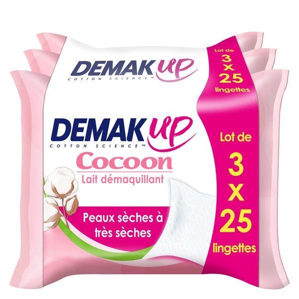 demak' Up Cocoon 3 Packungen mit 25 Milchtüchern, Make-up-Entferner, trockene