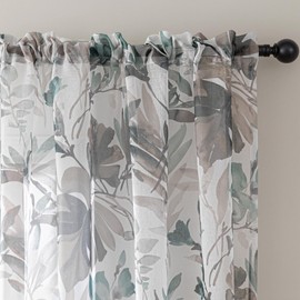 MEETSKY Sheer Brown Curtains 84 inches Long Rod Pocket Floral Printed Curtains for Living Room/Bedroom, Light Filtering Semi Sheer Botanical Drape, Set of 2 Panels, Brown, 52 x 84 inch