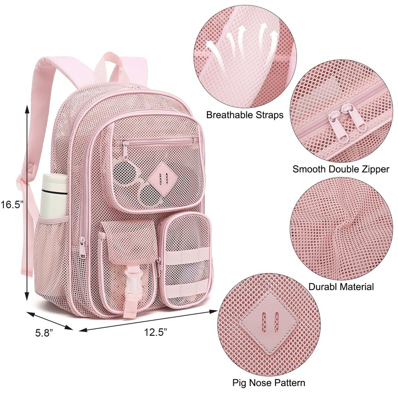 Cuayxox Light Pink Mesh Backpack for Girls Boys, Heavy Duty