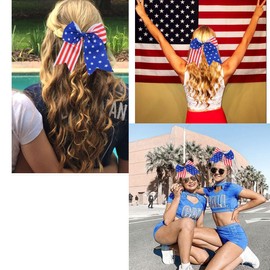 4th of July Large Cheer Hair Bows 8" Patriotic Flag Festival Cheerleading Bow with Ponytail Holder Elastic Band Hair Accessories 4PCS Cheer Bows