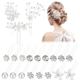 33Pcs Bridal Wedding Hair Pins, Rhinestone Flower Hair Pins U Shaped Hair Crystal Hair Clips, Metal Silver Pearl Bobby Pins Hair Jewelry Accessories for Women Girls Thick Long Hair