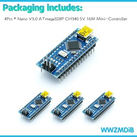 WWZMDiB Nano ATmega328P CH340 5V 16M Mini-Controller Board Compatible with Arduino Nano V3.0 (4Pcs Nano Welded Without Cable)