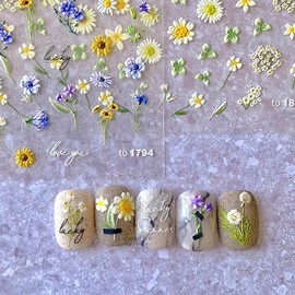 Flower Nail Stickers Summer Floral Leaf Plant 5D Relief Self-Adhesive Embossed Nail Decals Supply Manicure Sliders Flower Stickers for Women Girl Nails Decoration (2)