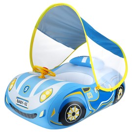 Toddler Pool Float with UPF50+ Adjustable Canopy Car Shaped Baby Swimming Float Infant Baby Floatie Boat for Kids 3+ Years（Blue Car）