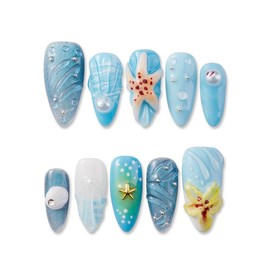 Zfans Almond Shape DreamWear Collection - 100% Handcrafted 3D Press-On Nails | Reusable, Long-Lasting, Salon-Quality Mint Bloom Eco-Friendly Nail Art Set:_Sunlit Marine Starfish & Seashell_l