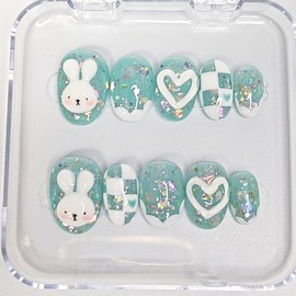 Mint Rabbit Handmade Nail Tips - Short Oval / 민트 토끼 수제네일팁 - 숏오발