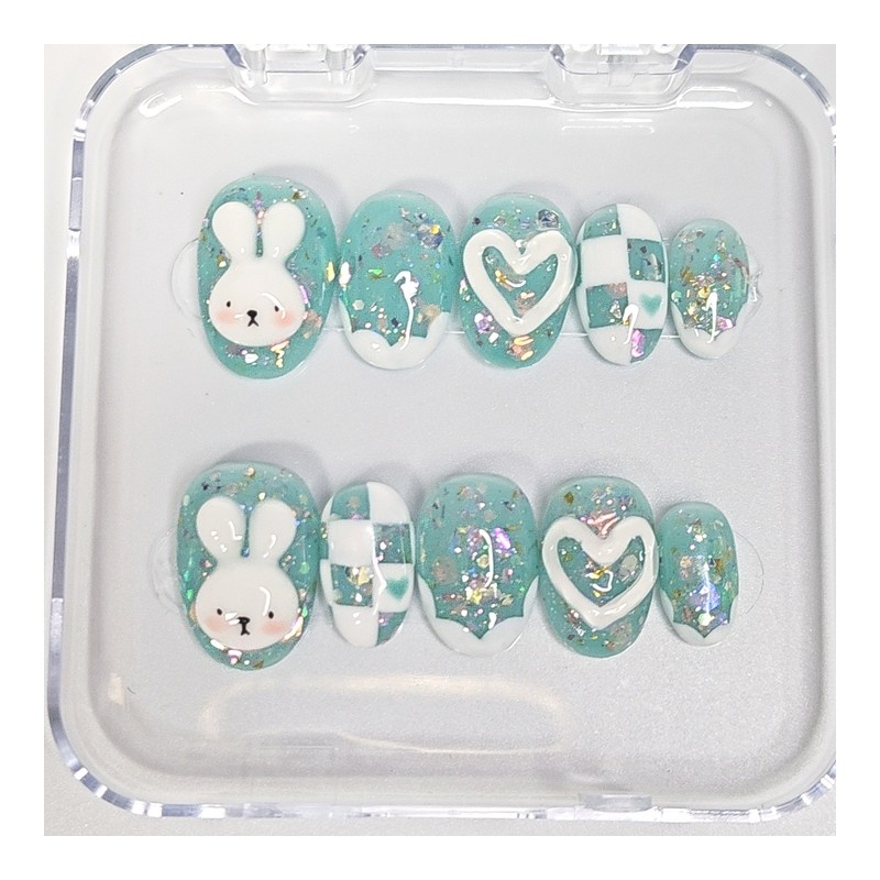 Mint Rabbit Handmade Nail Tips - Short Oval / 민트
