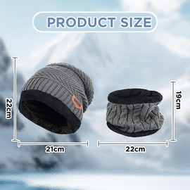 langyoujia Winter Hat, Children's Winter Warm Beanie Hat and Ring Scarf Tube Scarf Set, Beanie Hat with Fleece Lining, Unisex Winter Warm Hat Scarf Set, gray