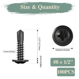 GOHODOMINO #8×1/2" Sheet Metal Screws 100Pcs 410 Stainless Steel Truss Head Fast Self Tapping Screws Black Oxide