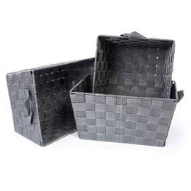 EHC Set of 3 Woven Strap Shelf Storage Hamper Basket With Carry Handles - Black