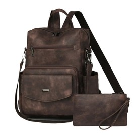 Dora & Liz Women's Leather Backpack Purse Fashion Travel Backpack Designer Convertible Shoulder Bag Work Handbag with Wristlet (Coffee)