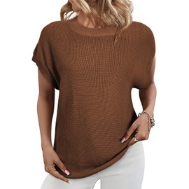 SHEWIN Sweaters for Women 2025 Basic Cute Tops Casual Loose Short Sleeve Shirts Crewneck Soft Pullover Sweater Spring Outfits Coffee S