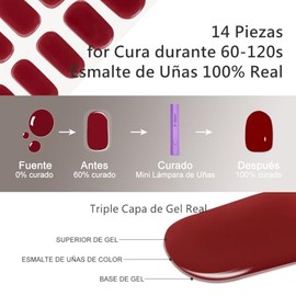Pegatinas de Uñas, 14Pzs Tiras de Uñas de gel Semicuradas de Color con Luz UV/LED, Uña Pegatinas de Gel para Arte DIY con Lima de Uña, Almohadilla de Preparación y Palo de Madera Cherimoya - Rojo