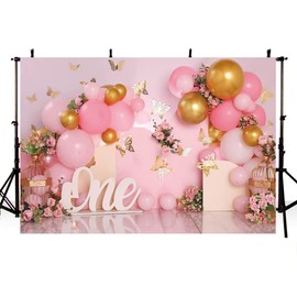 MEHOFOND 8x6ft Pastel Pink Girl 1st Birthday Background Banner Balloons Bird Cage Butterfly Flower Arched Background Plate Party Decor Baby Portrait Photography Props Photo Studio Gift Supplies