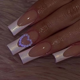 Pikabows Press On Nails Long Coffin Pink Heart Pearl French Tips Fake Nails Acrylic False Nail Tips Kit Glue on Nails for Women