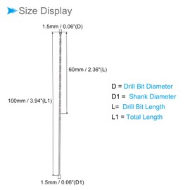 CoCud Mini Twist Drill Bit, 0.06 inch (1.5 mm) Drill Diameter, 3.9 inches (100 mm), Total Length, High Speed Steel, Twist Drill Bit, Metal, Plastic, Woodworking, 5 Pieces