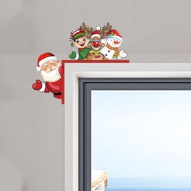 Iprokiu Christmas Wall Decal Funny Window Door Corner Decor Cute Santa Claus Snowman Reindeer Wall Decor Christmas Top Door Frame Decoration Home Wall Sticker (Left)