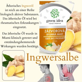 green idea Ginger Ointment to Relieve Joint, Tendon and Muscle Pain - Injuries, Sprains - 100% Natural Herbal Ointment with Ginger Essential Oil and Beeswax 50ml