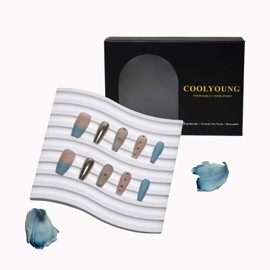 COOLYOUNG Press On Nails Coffin, French Tip Nails, Blue Fairy, Handmade and Reusable, Blue Press On Nails, Glitter Press On Nails, 10 Pieces Medium Coffin Nails with1 Storage Bag and Gel Nail Kit